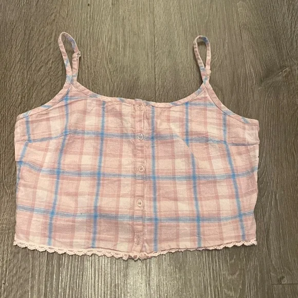 Wet Seal Pink & Blue Plaid Crop Tank Top - Picture 1 of 3